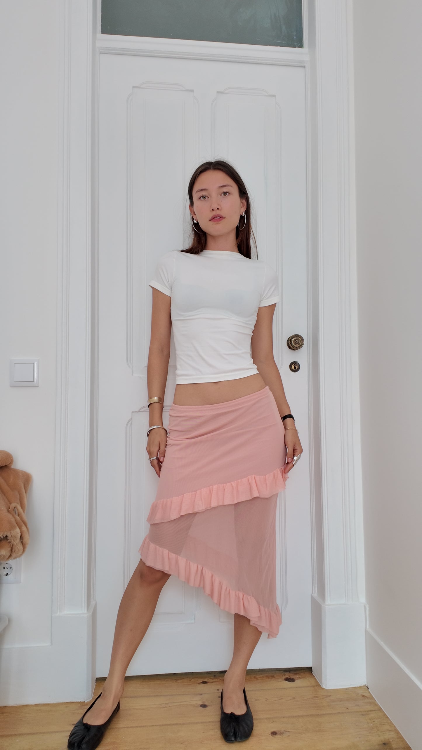 Adorable flowy midi babypink ruffle skirt size S