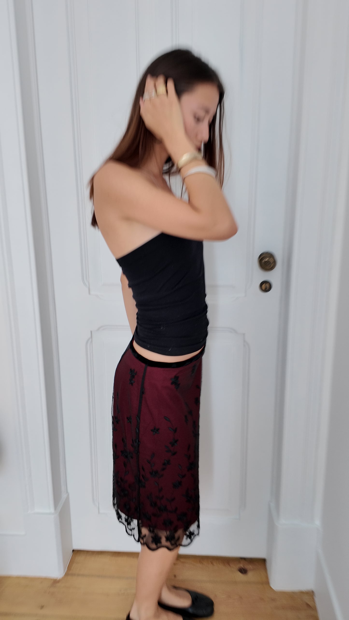 Perfect midi red with black lace skirt size 36