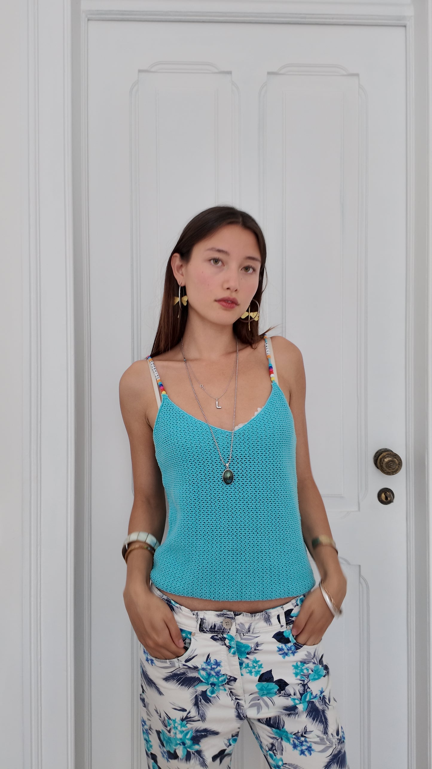 Adorable blue top with beads detail size M
