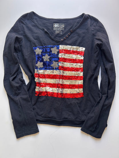 Navy blue long sleeve top with sequin USA flag detail size M