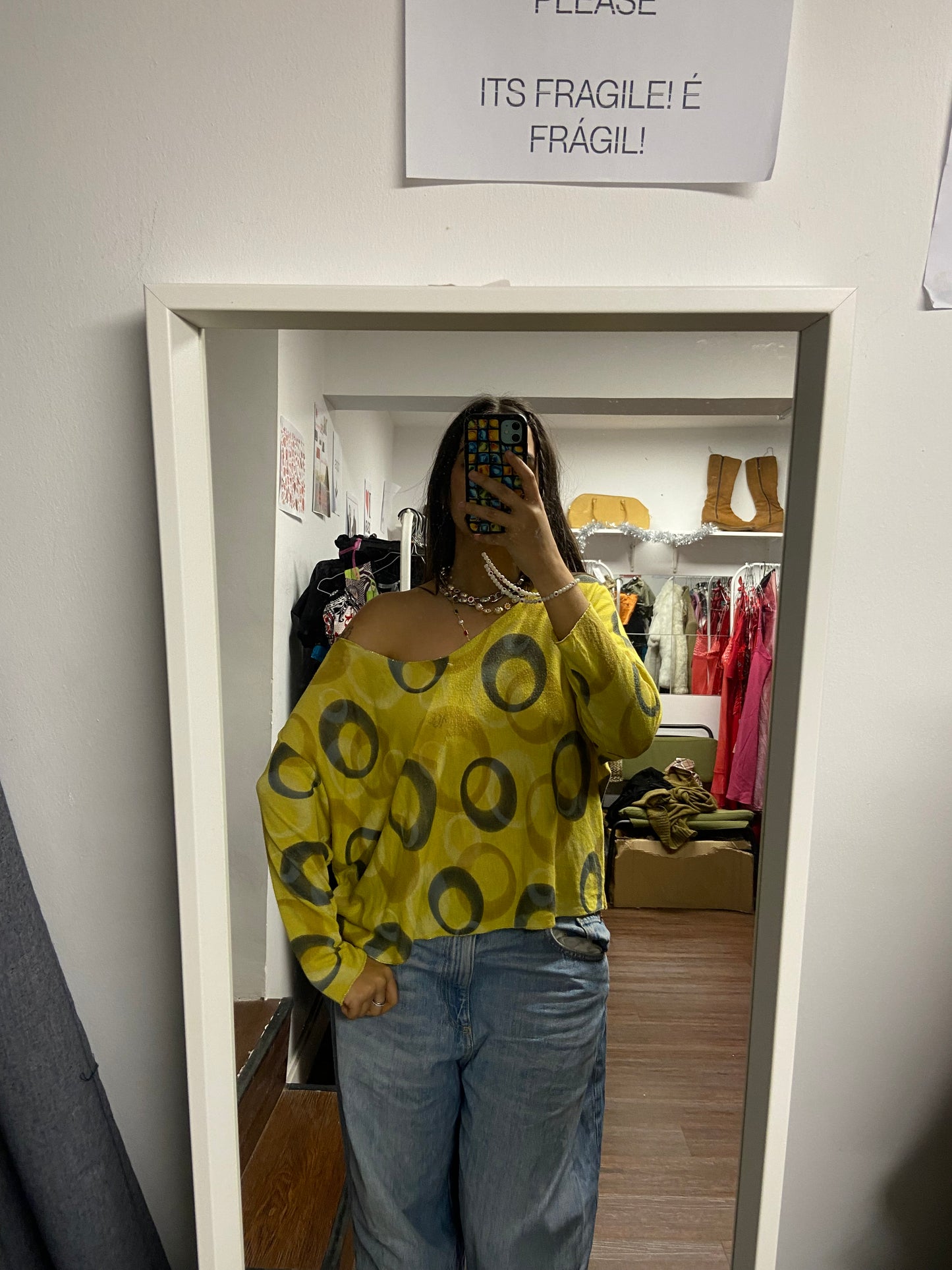 Adorable yellow sweater with circles print size M/L