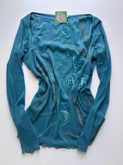 Iconic long sleeve blue top with rose detail size M/L