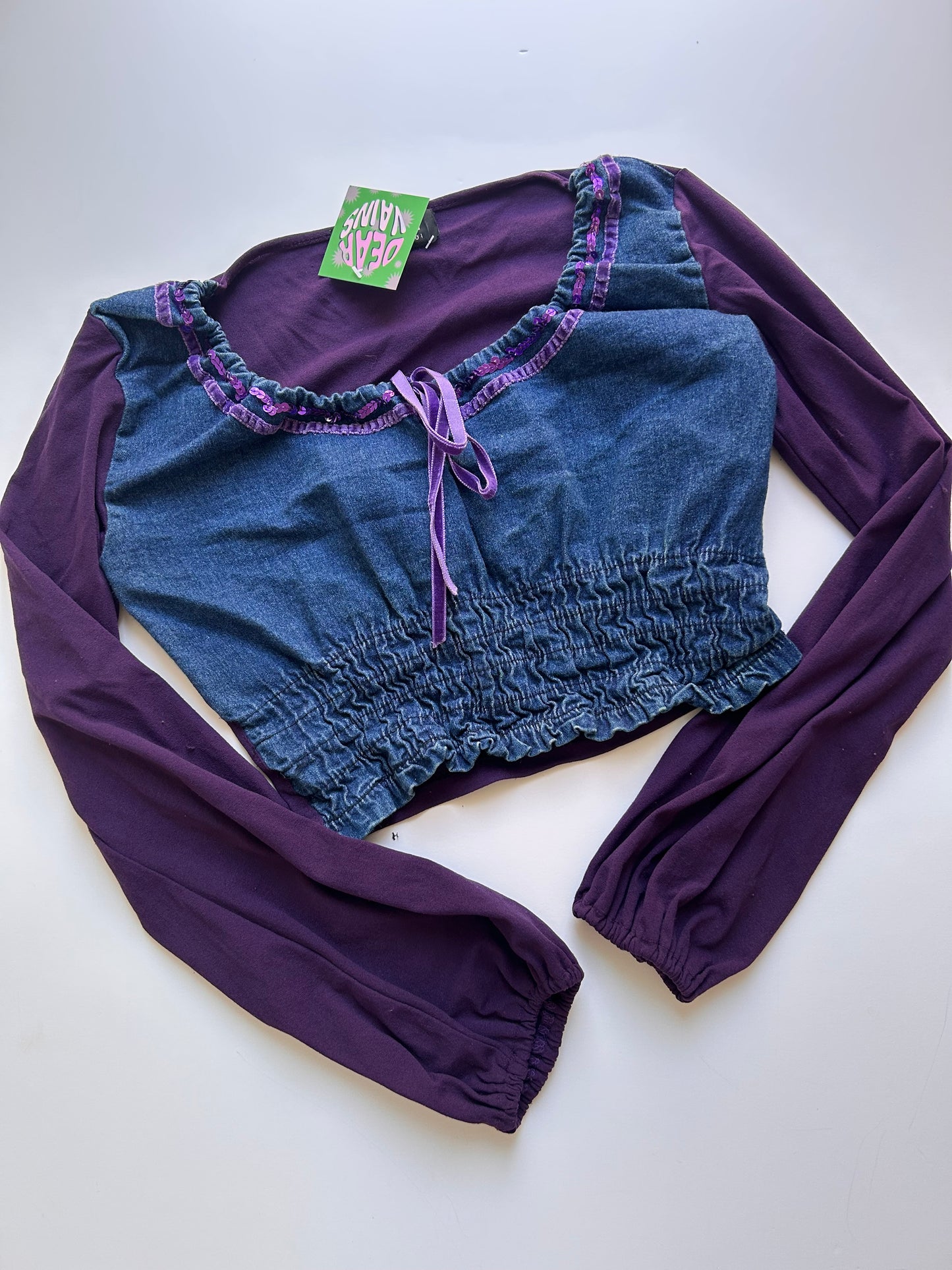 Coquette denim mini long sleeve top with purple details size S