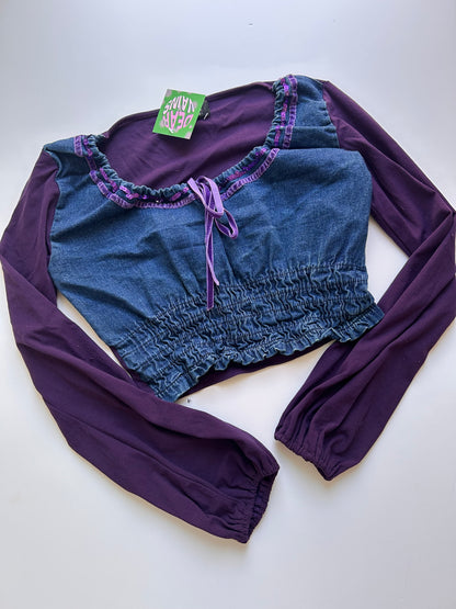 Coquette denim mini long sleeve top with purple details size S