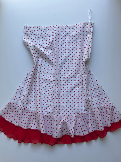 Midi white skirt with red dots and ruffle detail at the bottom size 38