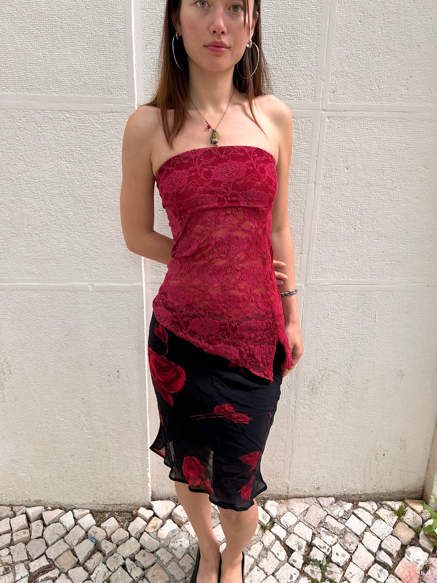 Assymetrical lace tube top Size S