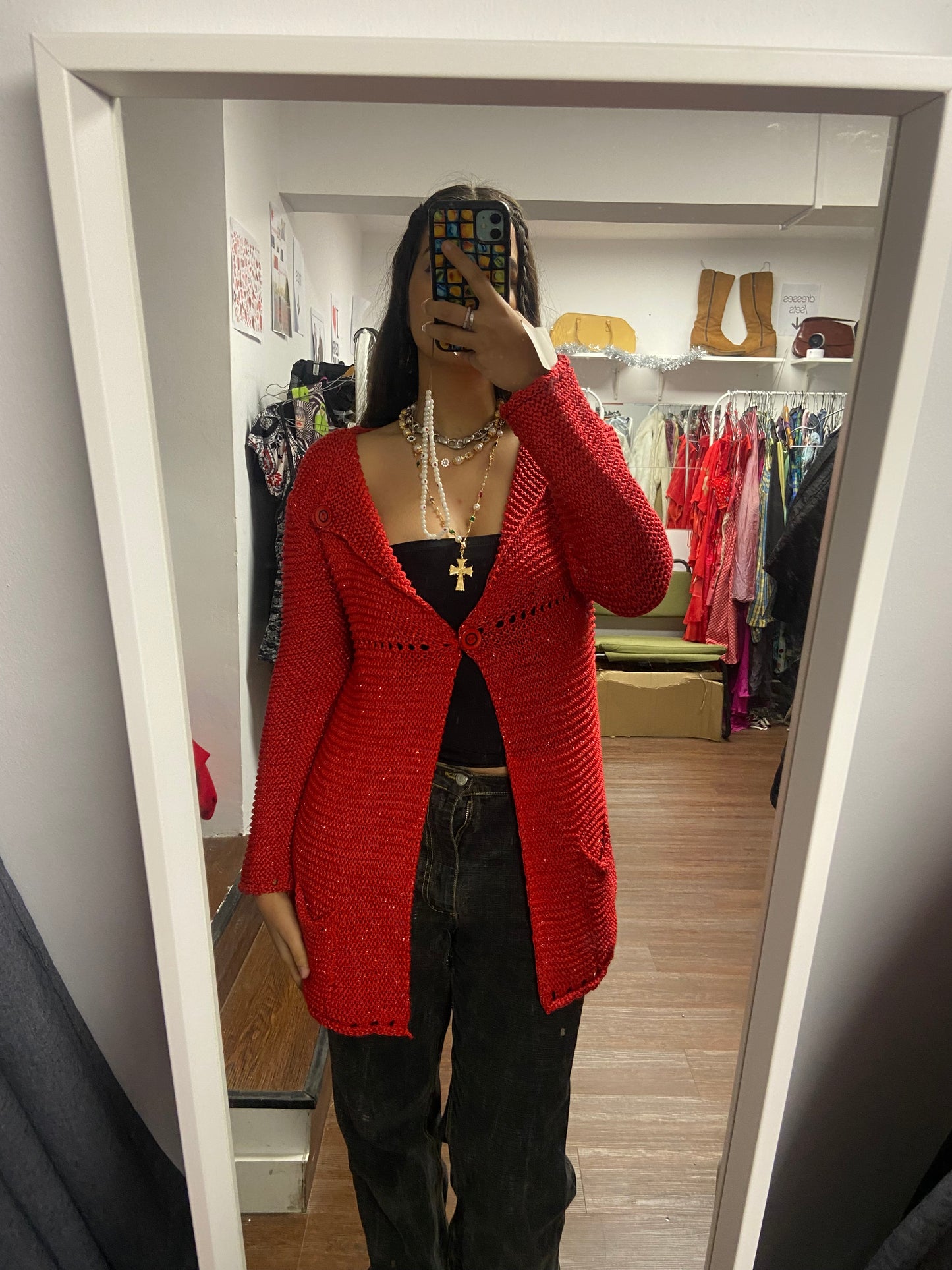 Deadstock vintage knit red cardigan size M