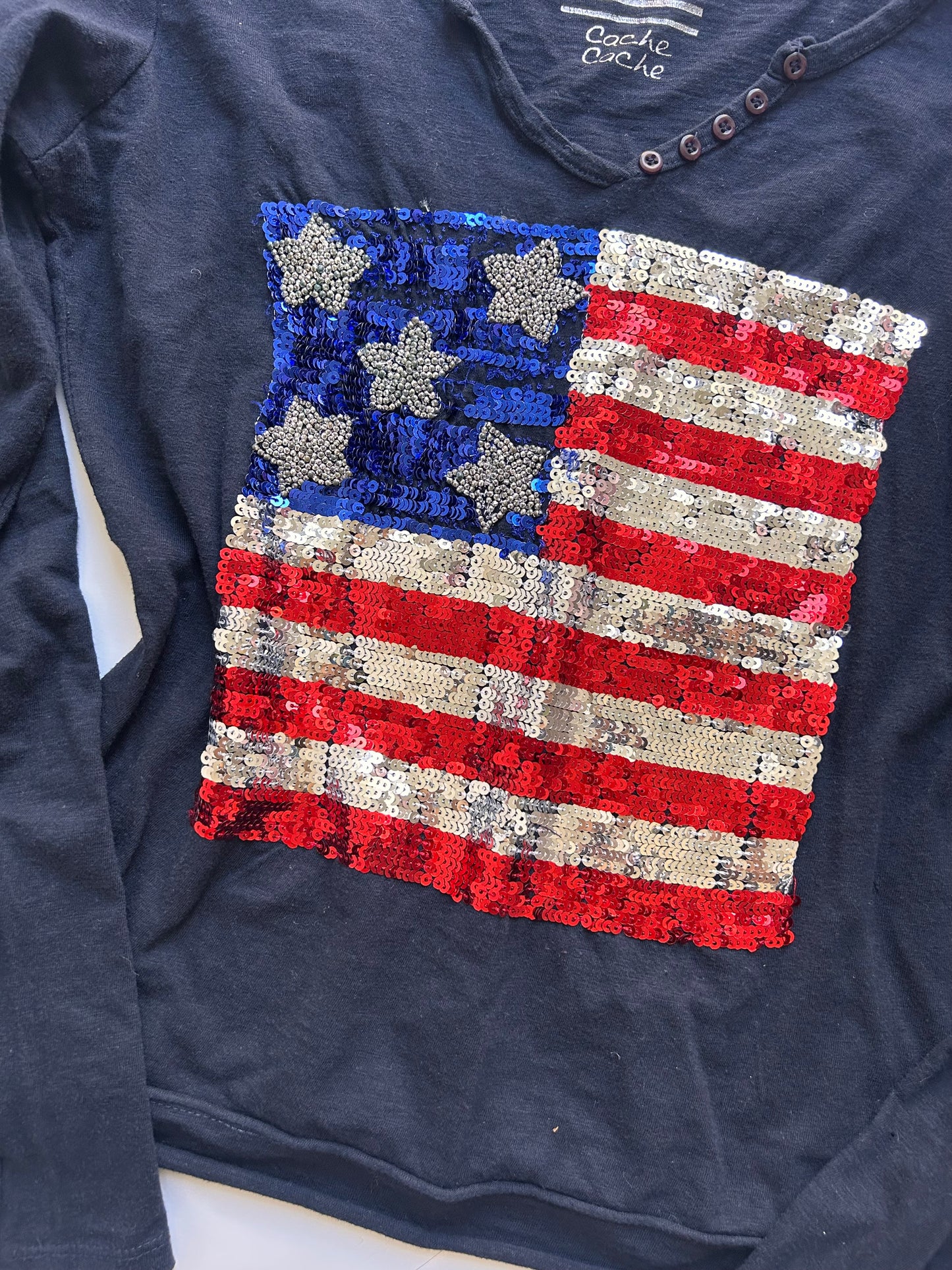 Navy blue long sleeve top with sequin USA flag detail size M