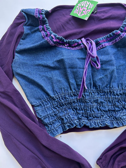 Coquette denim mini long sleeve top with purple details size S