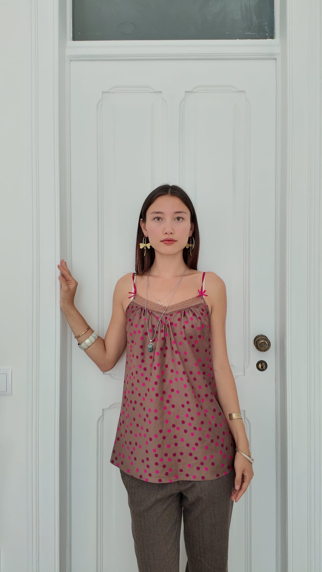 Adorable brown cami top with pink dots size M — photo 1 of 6