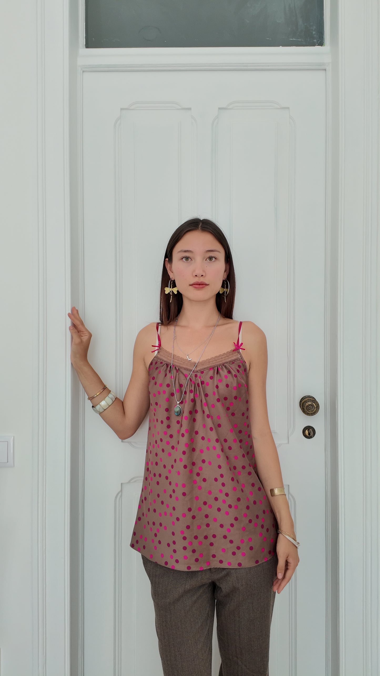 Adorable brown cami top with pink dots size M