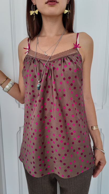 Adorable brown cami top with pink dots size M