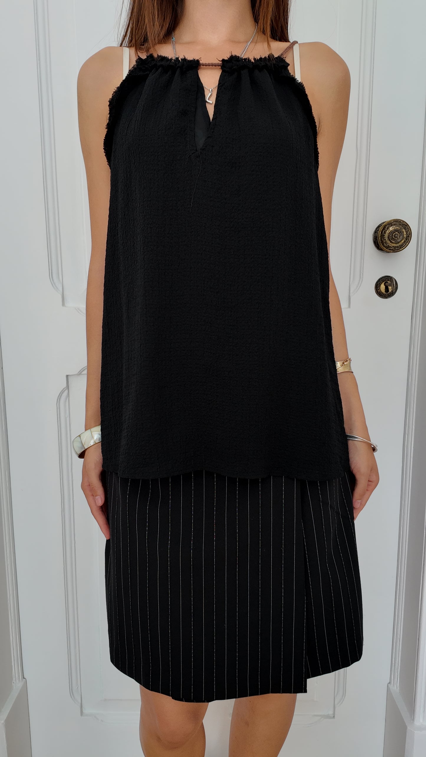 Adorable long black top with brown detail size M/L