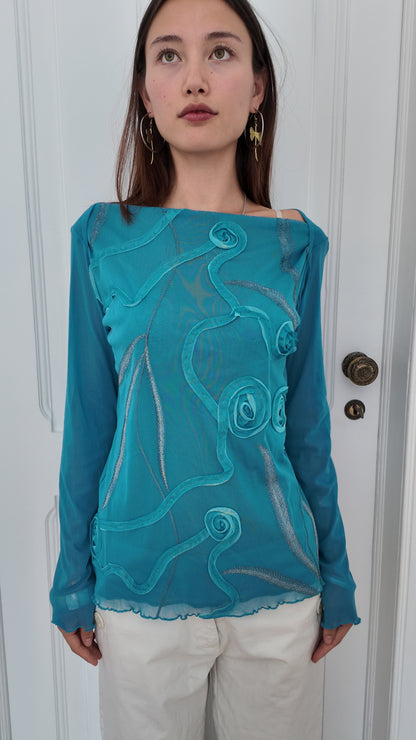 Iconic long sleeve blue top with rose detail size M/L