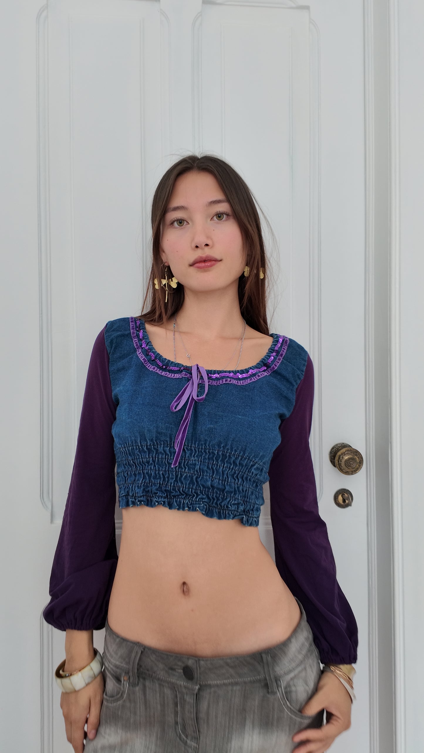 Coquette denim mini long sleeve top with purple details size S