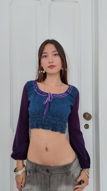Coquette denim mini long sleeve top with purple details size S