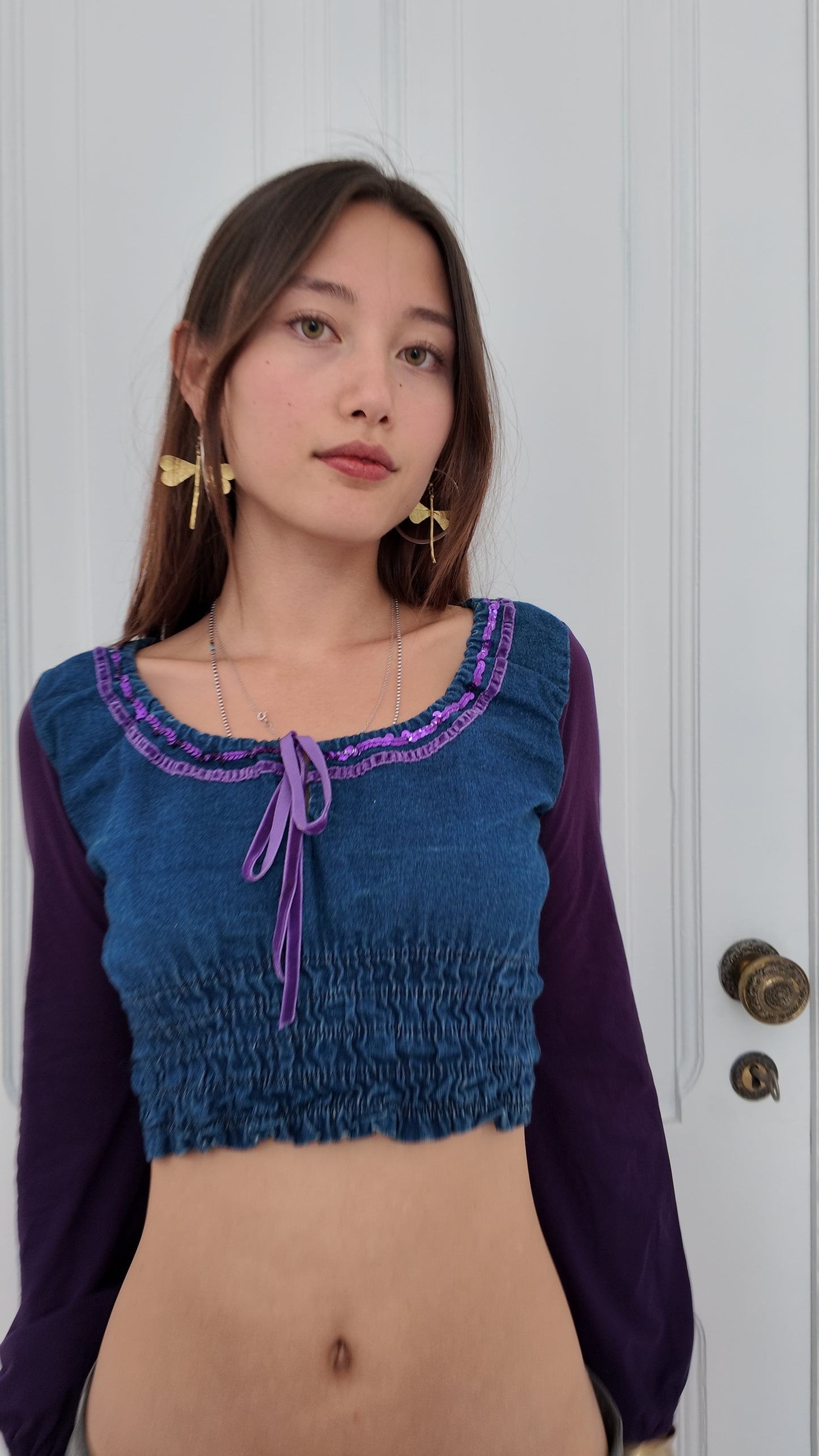 Coquette denim mini long sleeve top with purple details size S