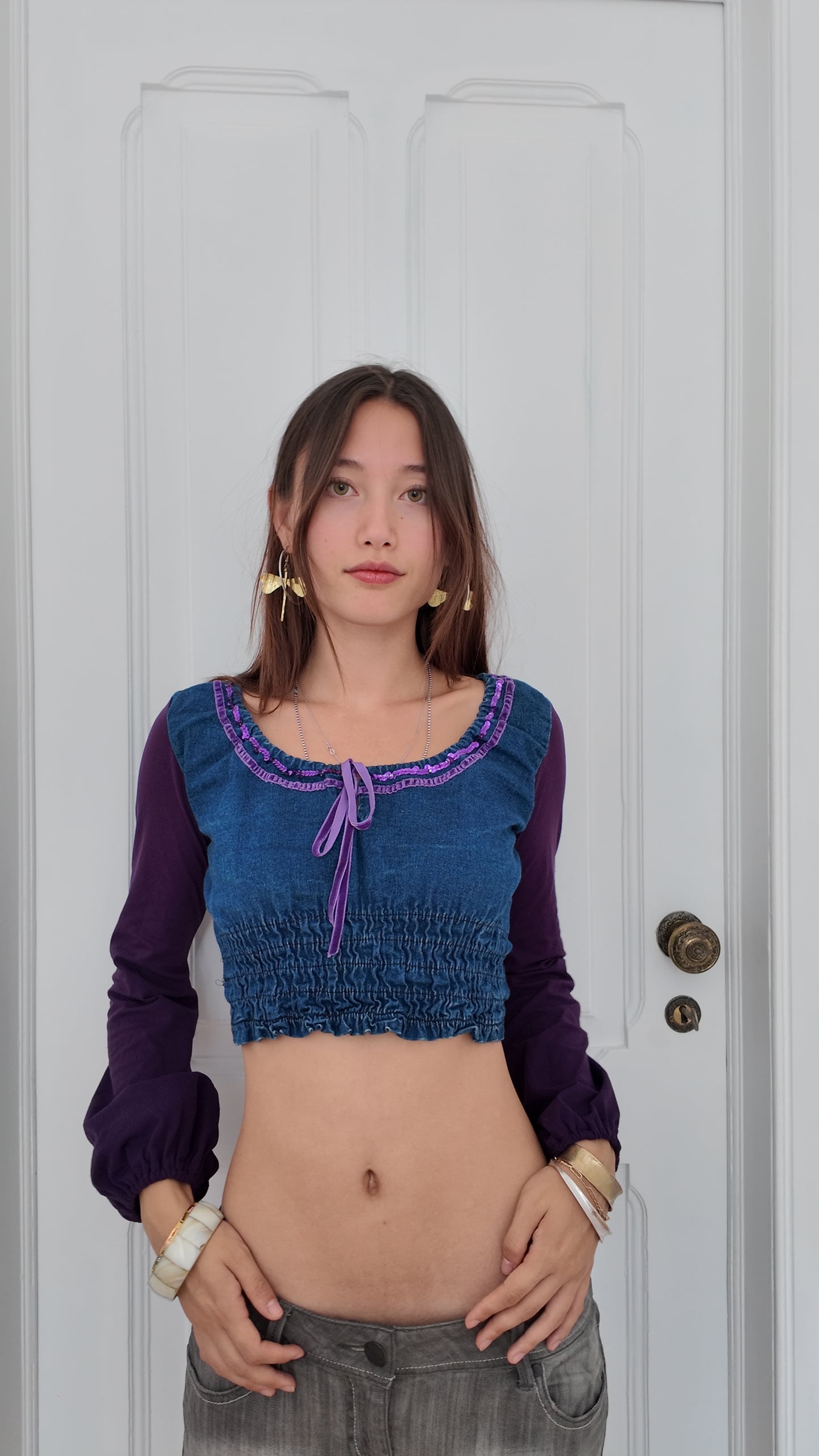 Coquette denim mini long sleeve top with purple details size S