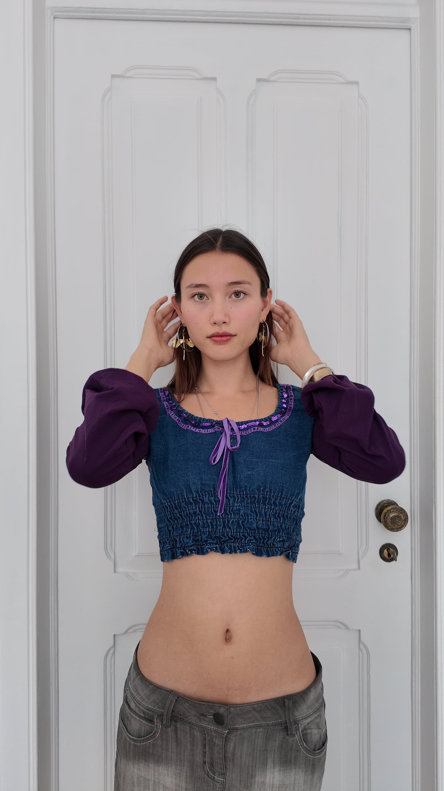 Coquette denim mini long sleeve top with purple details size S