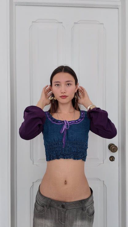Coquette denim mini long sleeve top with purple details size S
