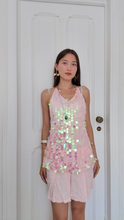 Adorable long sequin pink top size S/M