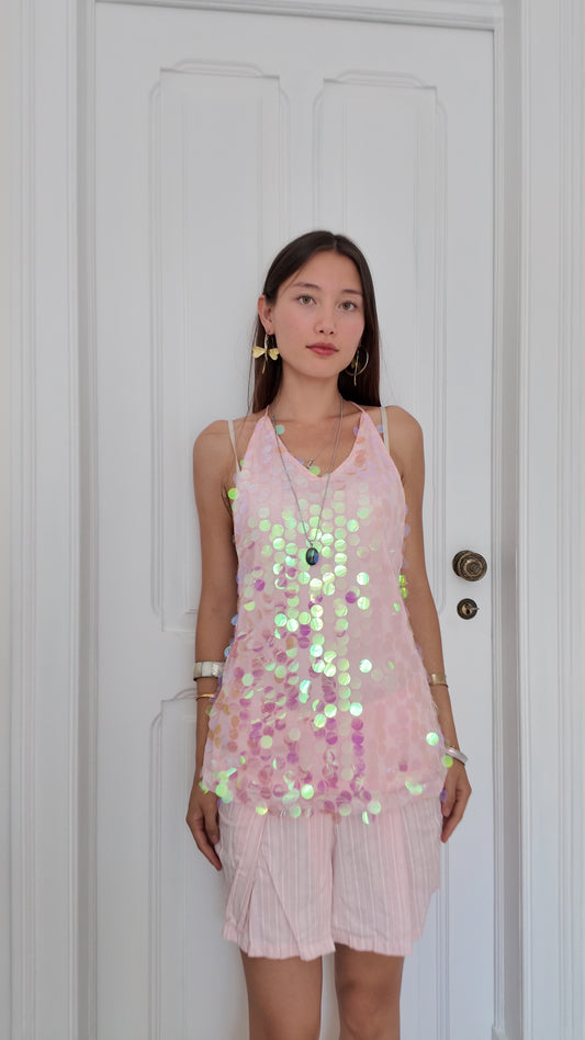 Adorable long sequin pink top size S/M