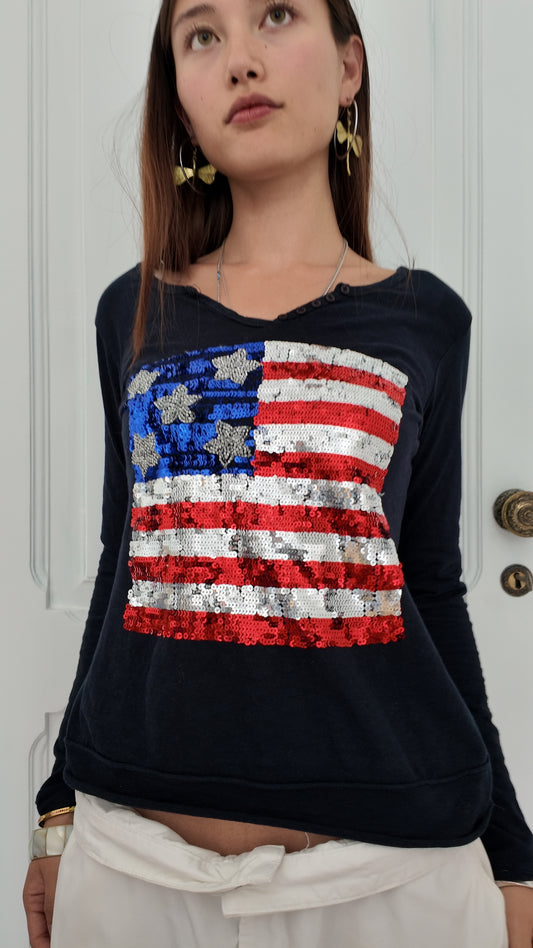 Navy blue long sleeve top with sequin USA flag detail size M