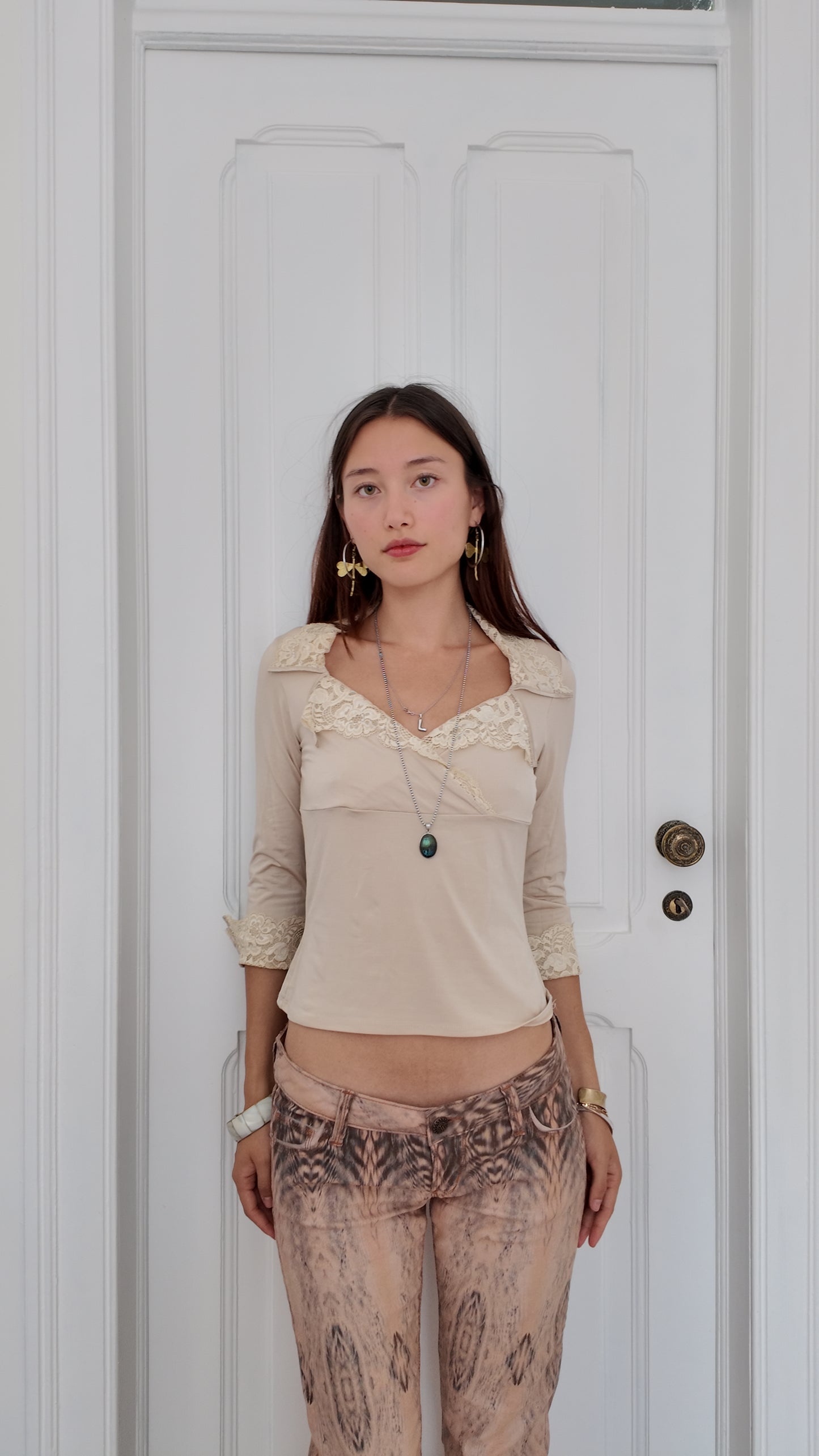 Adorable beige long sleeve top with lace detail size S