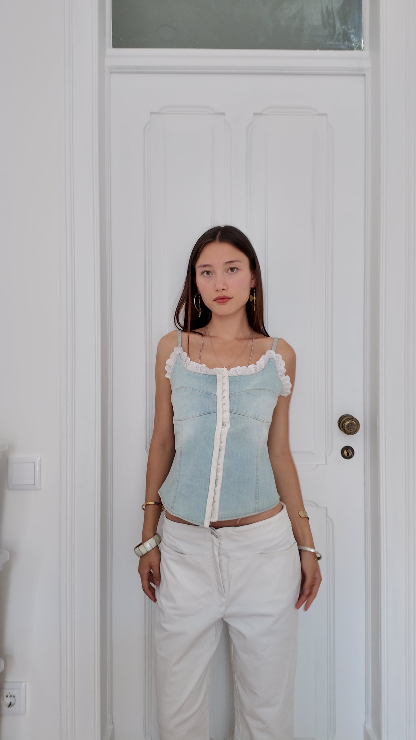 Perfect coquette denim corset with white lace size M