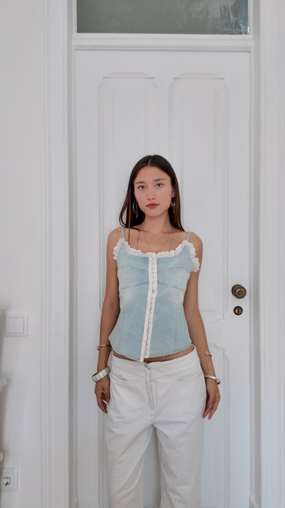 Perfect coquette denim corset with white lace size M