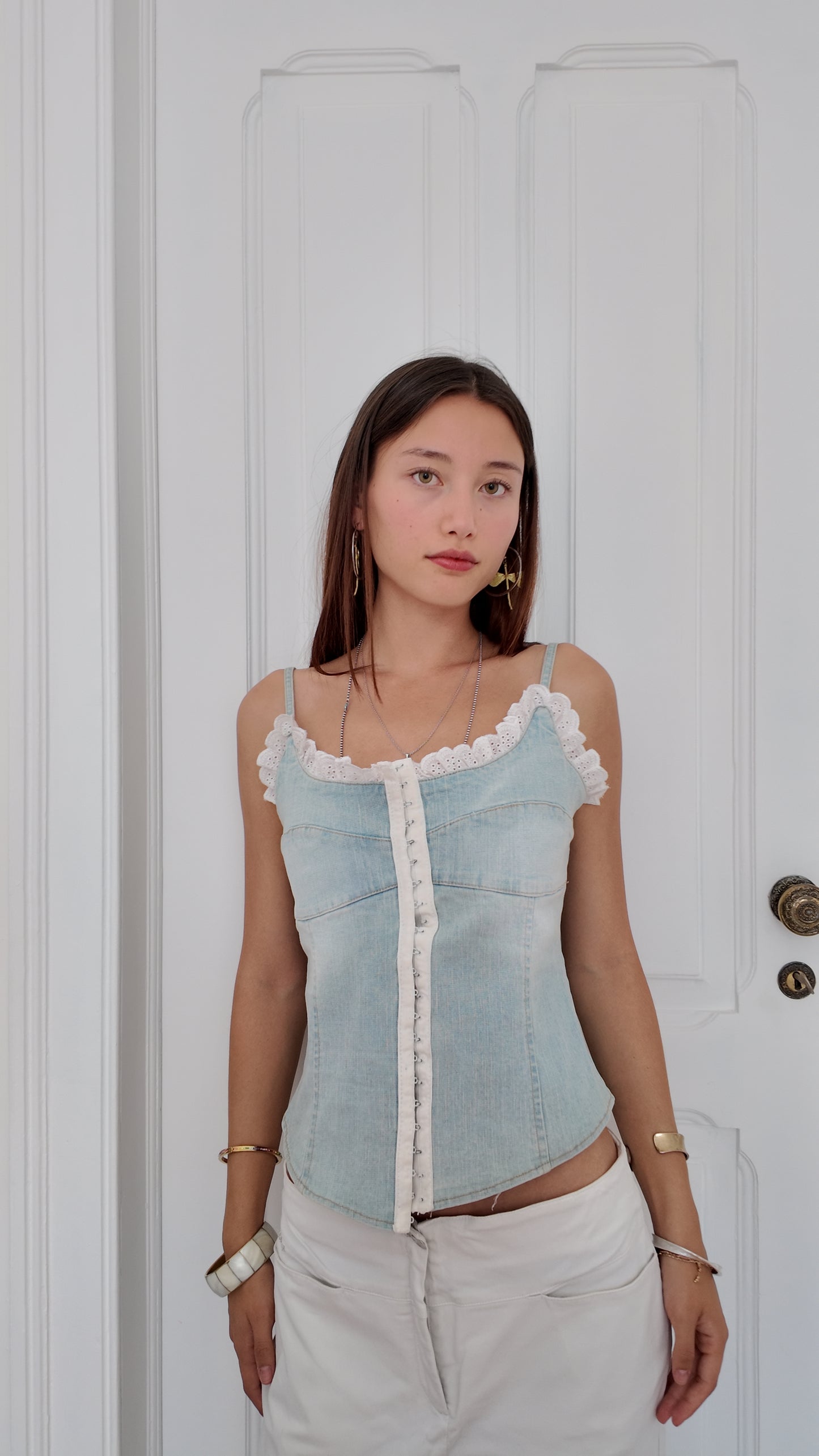 Perfect coquette denim corset with white lace size M