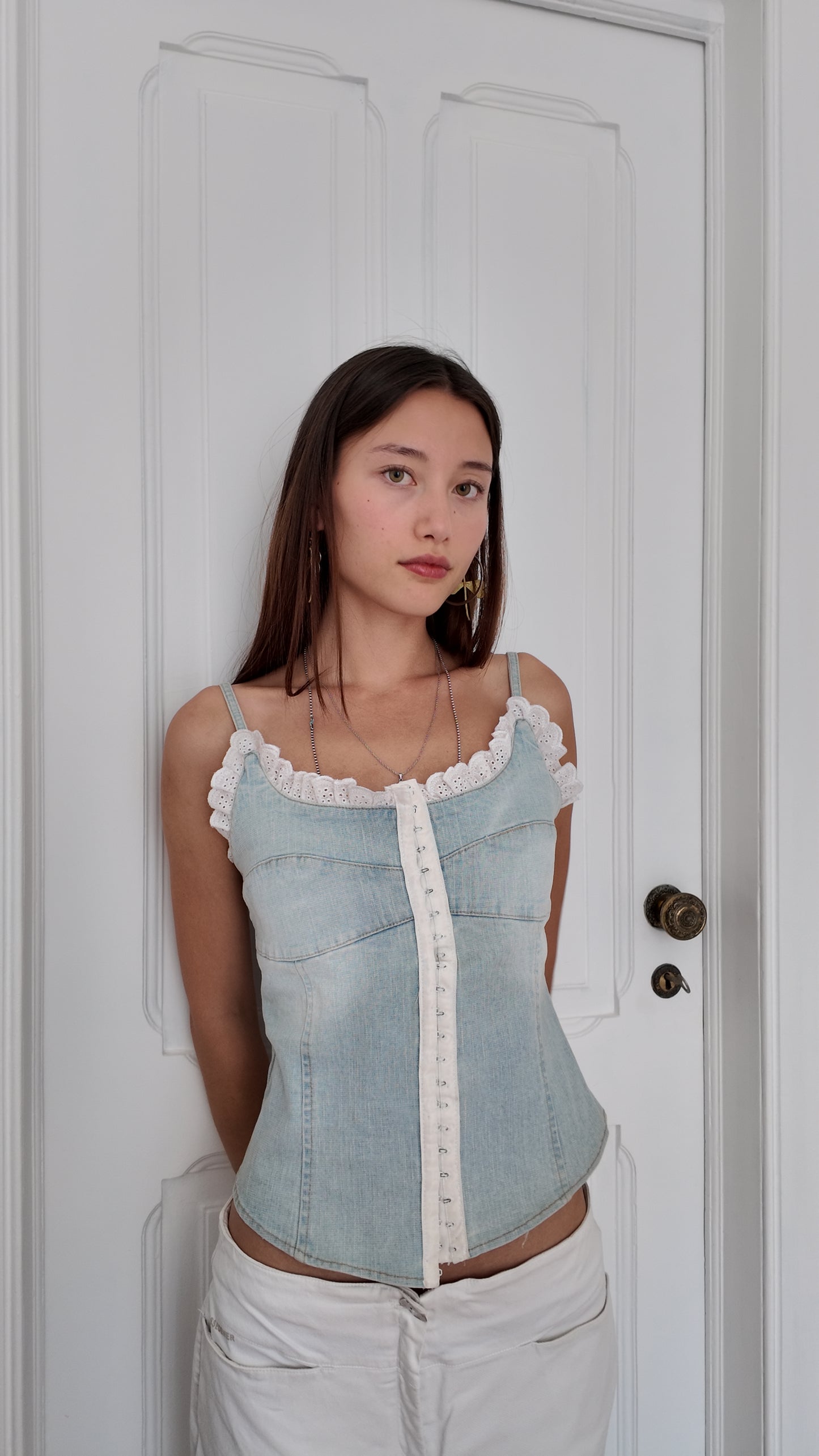 Perfect coquette denim corset with white lace size M