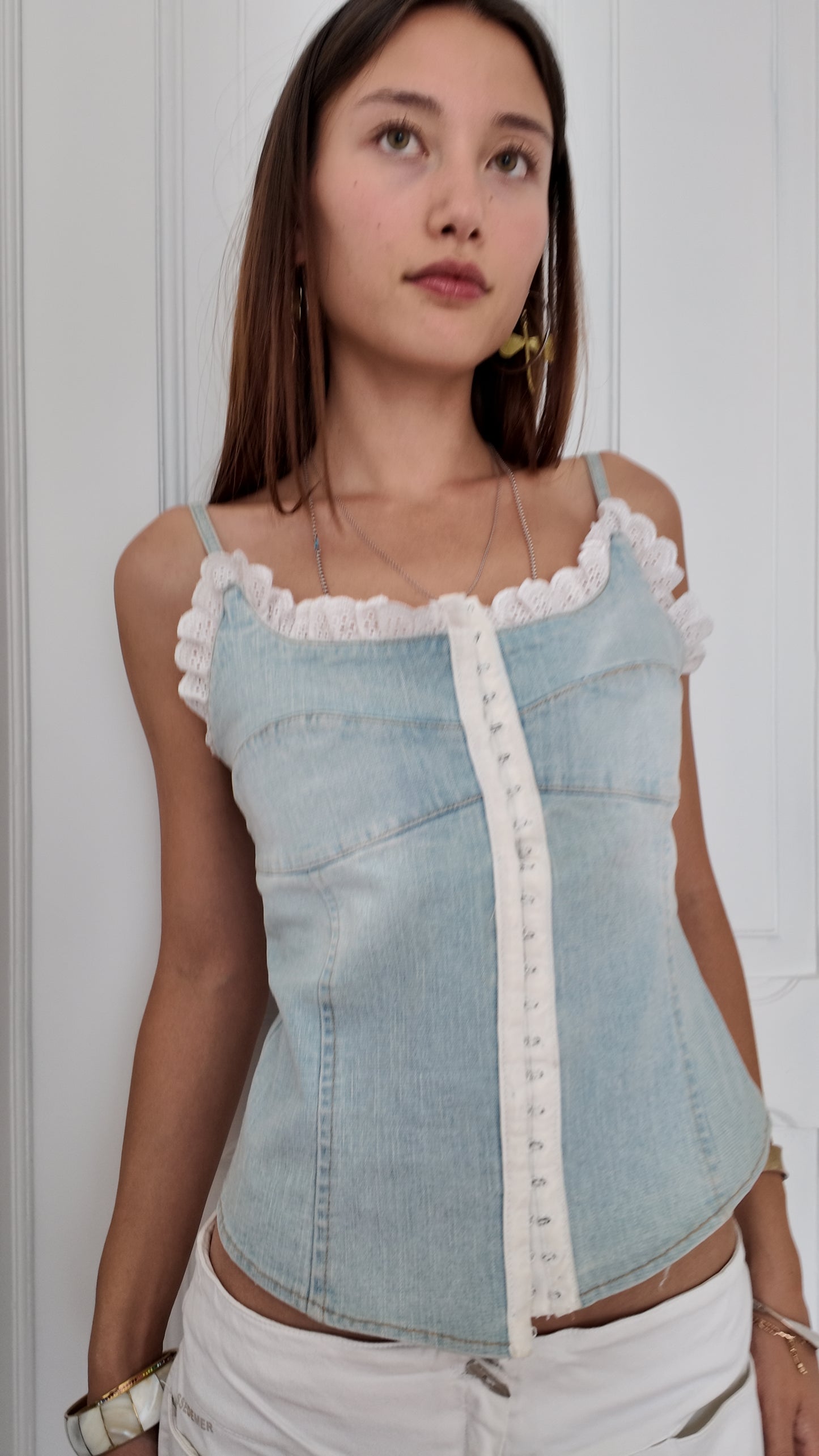 Perfect coquette denim corset with white lace size M