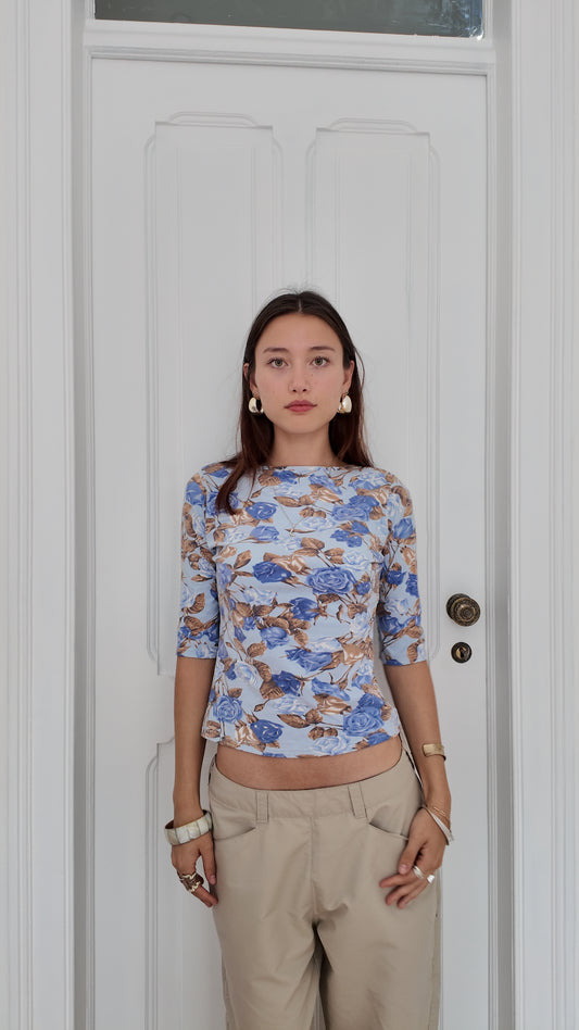 Vintage 90s blue flower top size S