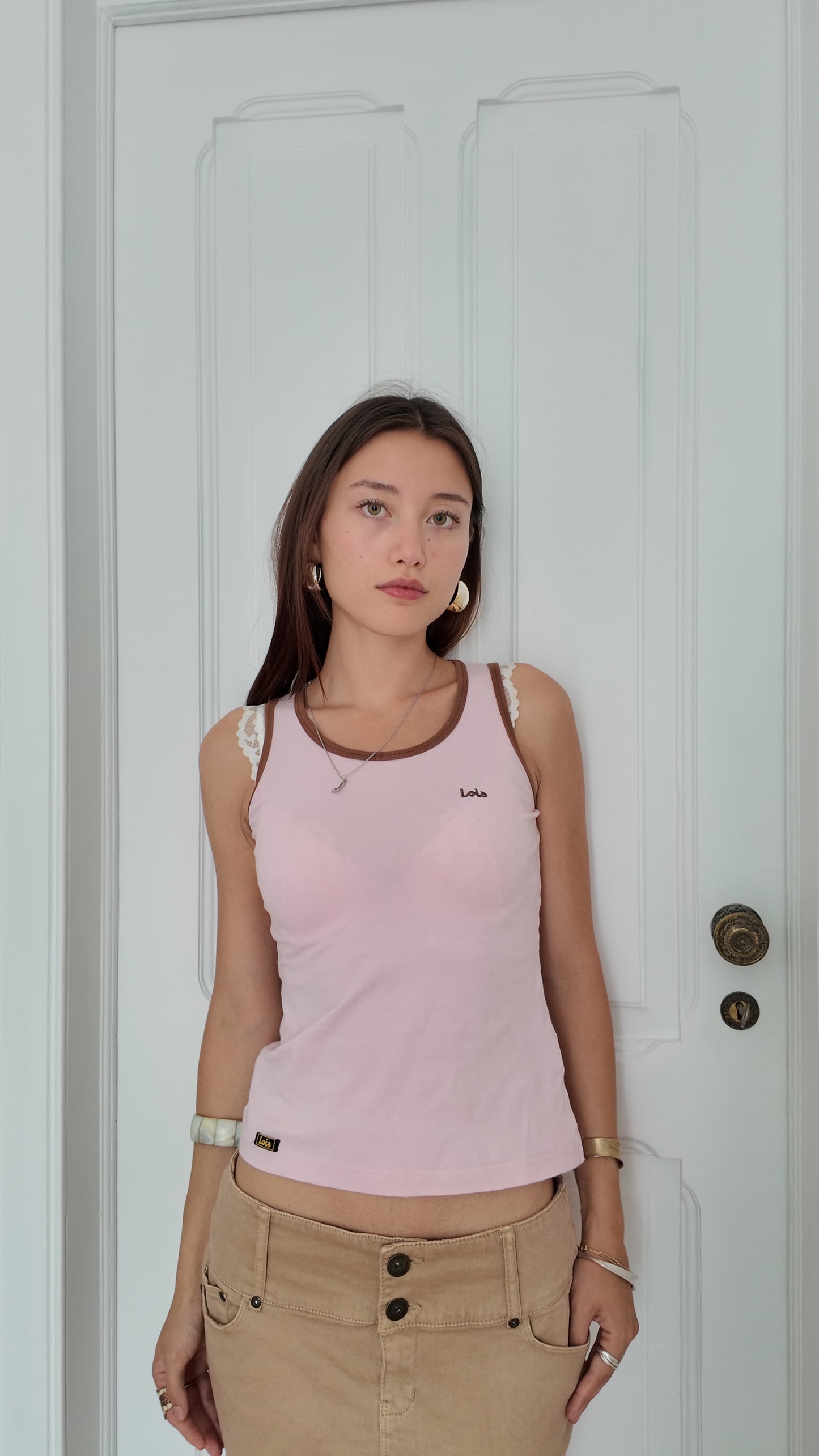 Adorable babypink Lois vintage tank top brown details size XS