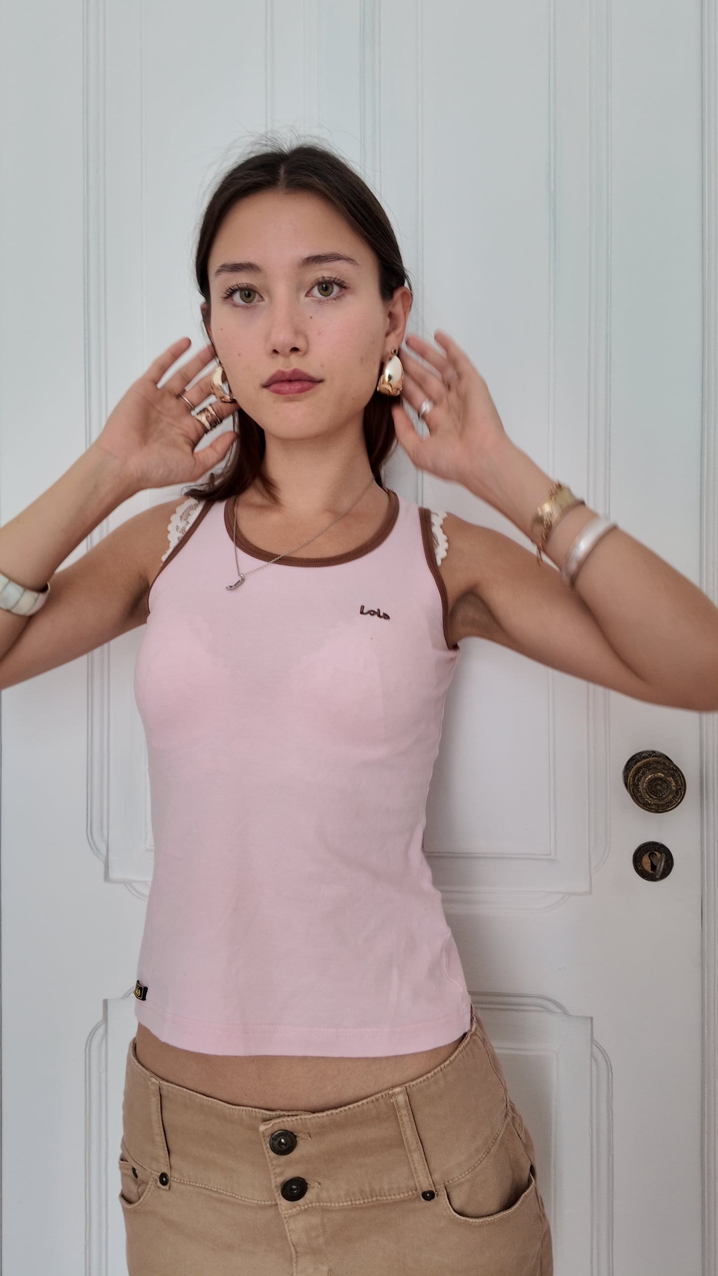 Adorable babypink Lois vintage tank top brown details size XS