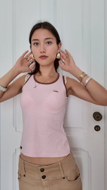 Adorable babypink Lois vintage tank top brown details size XS