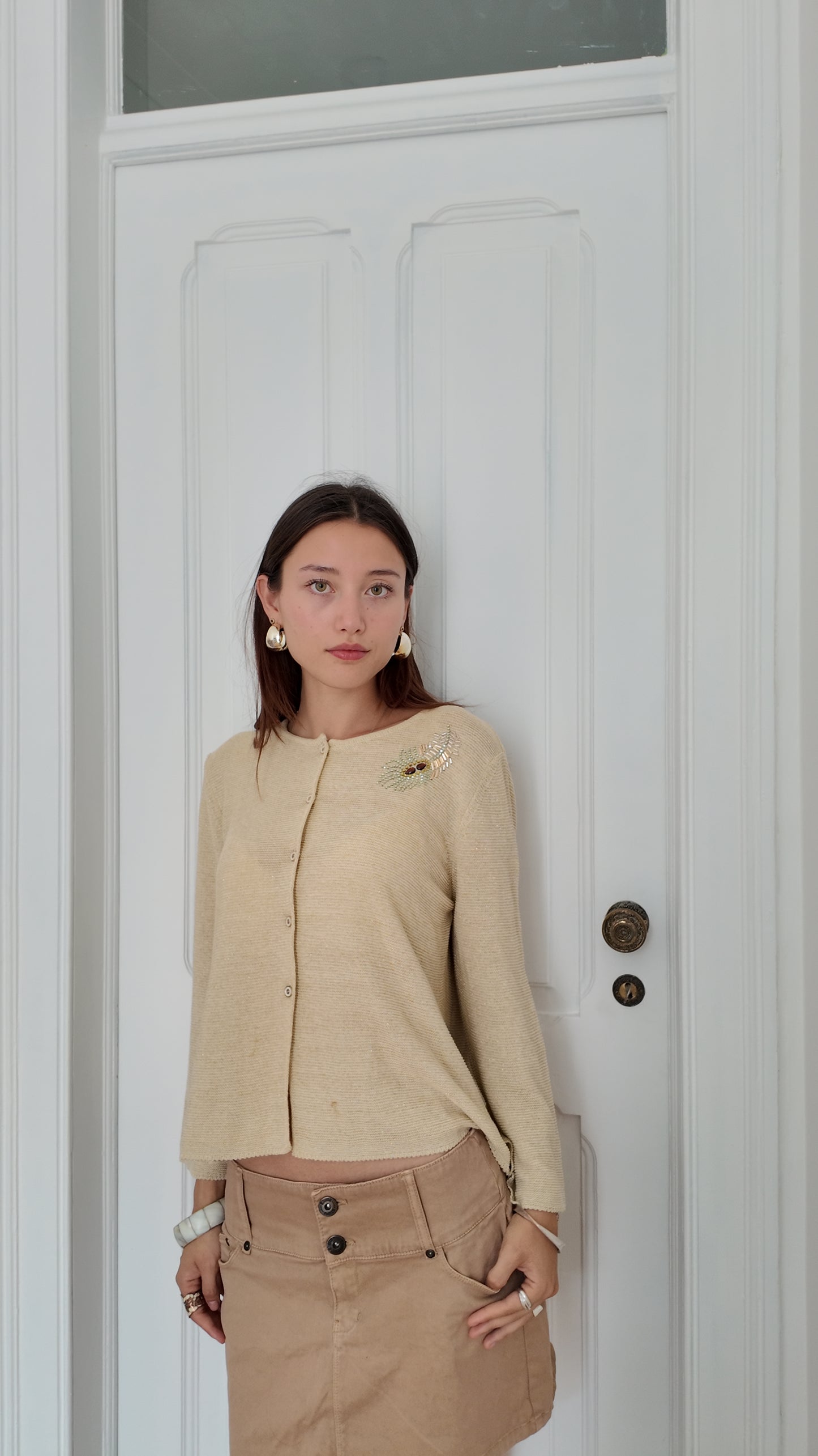 Adorable beige cardigan with bead detail size M