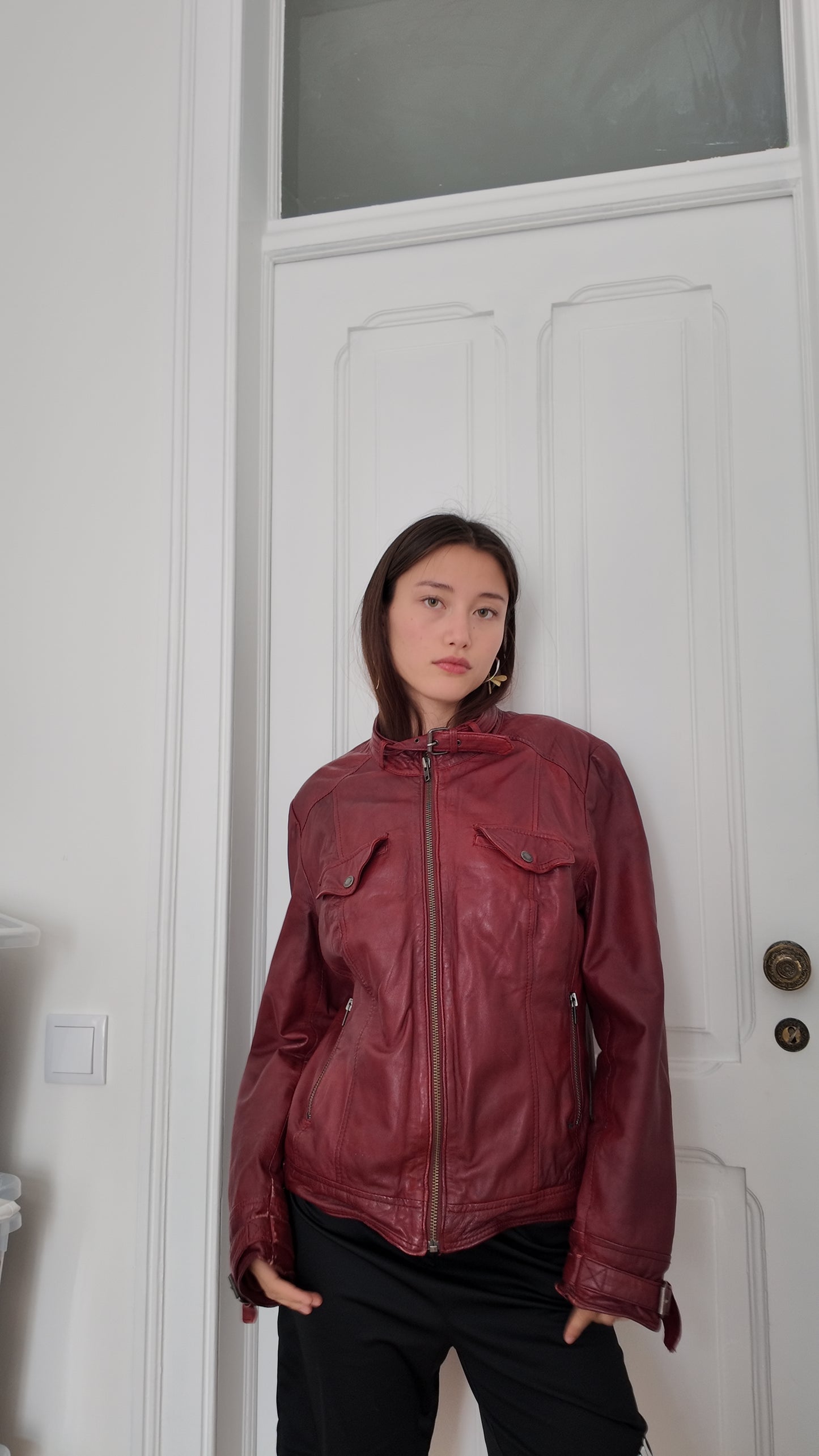 Leather dark red vintage jacket size L