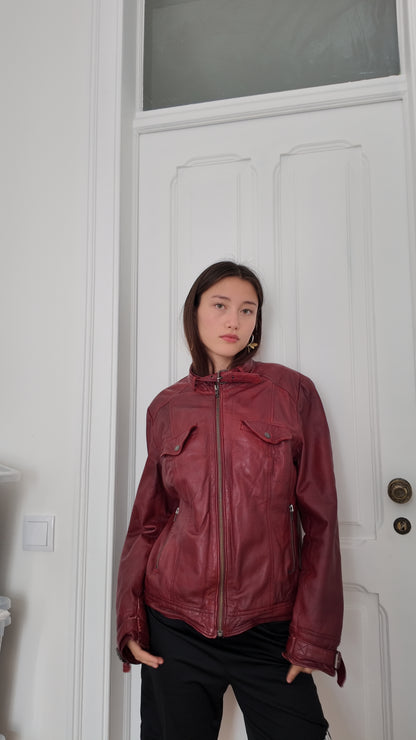 Leather dark red vintage jacket size L