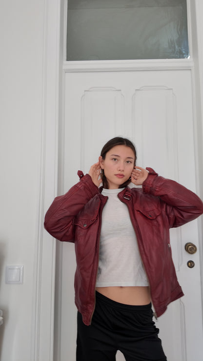 Leather dark red vintage jacket size L