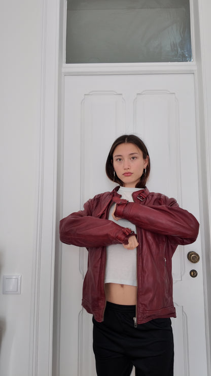 Leather dark red vintage jacket size L