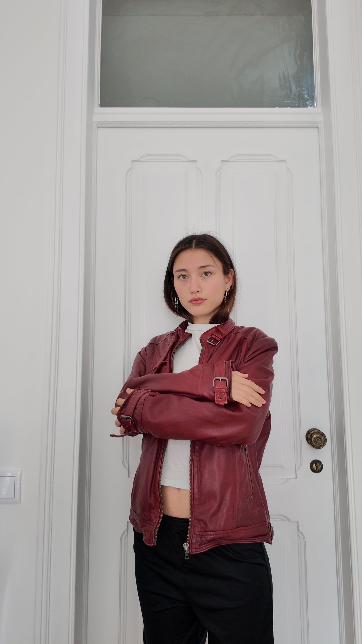 Leather dark red vintage jacket size L